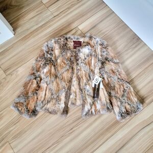 🆕️ 525 America Luxe Genuine Dyed Rabbit Fur Checker Crop Open Jacket Tan & Grey